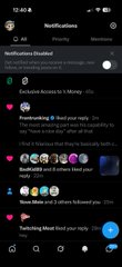 A screenshot of a phone's notifications screen showing a Twitter notification from "Streaming & News now" promoting a Bitcoin and AI livestream, alongside other engagement notifications and a Twitter messaging preview, unrelated to the post's mention of testing X Money's payment platform by sending $1 to Elon Musk.