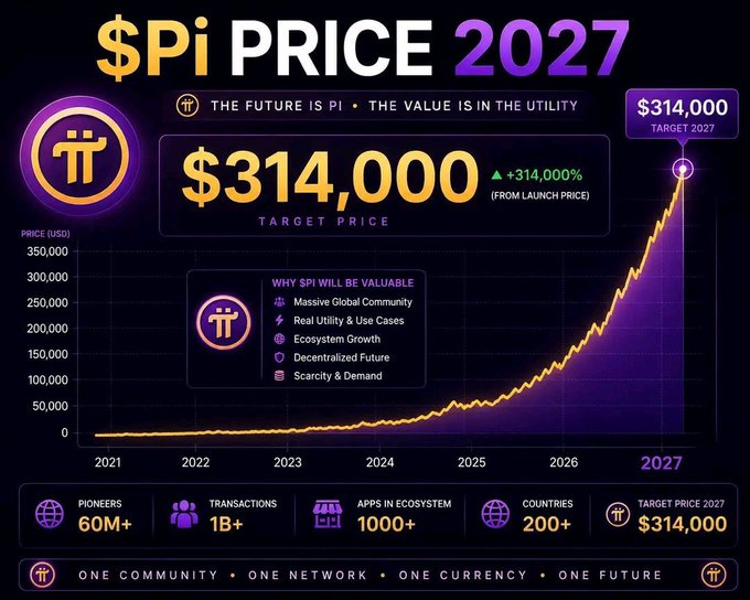 A promotional infographic claims Pi Network ($PI) will reach a target price of $314,000 by 2027, representing a 314,000% increase from launch, citing factors like its 60M+ pioneers, 1B+ transactions, and ecosystem of 1,000+ apps across 200+ countries. The image's speculative price projection relates to the post by visualizing the bold claim that Pi could achieve extraordinary valuation growth.