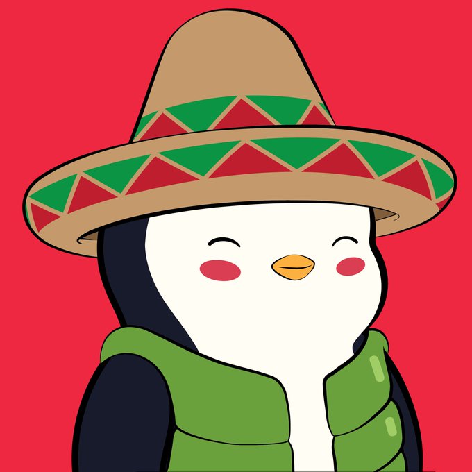 A cartoon illustration of a smiling penguin with rosy cheeks wearing a large sombrero with green and red triangle patterns and a green puffy vest, set against a solid red background.