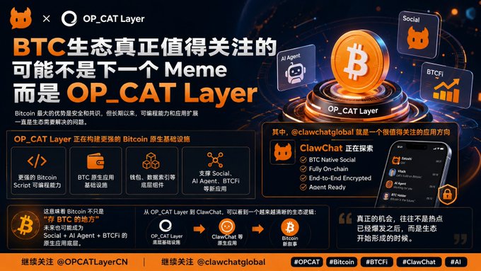 A promotional graphic for OP_CAT Layer discussing Bitcoin ecosystem development, highlighting BTC Native Social, AI Agents, and BTCFi features with ClawChat integration.