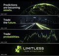 A dark promotional image for 'LIMITLESS' with text: 'Predictions are becoming reality', 'Trade the future', and 'Trade probabilities'.