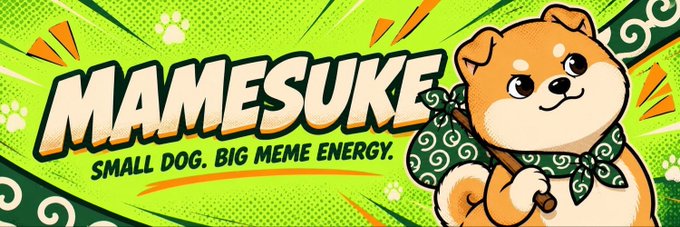 A bright green and yellow graphic banner featuring an illustration of a Shiba Inu dog wearing a traditional green bandana, with bold text reading 'MAMESUKE' and the tagline 'SMALL DOG. BIG MEME ENERGY.'
