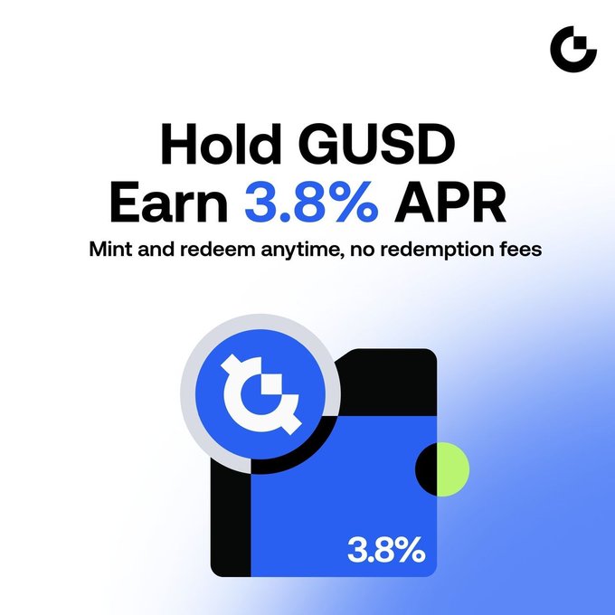 A promotional graphic advertises a 3.8% APR on GUSD holdings with mint and redeem capabilities at no redemption fees, supporting the post's message about earning yield on stablecoins while maintaining full liquidity flexibility.