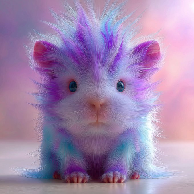A digitally rendered, fluffy chick with vibrant pastel fur in shades of pink, purple, blue, and white, looking directly at the viewer against a soft pink backdrop.