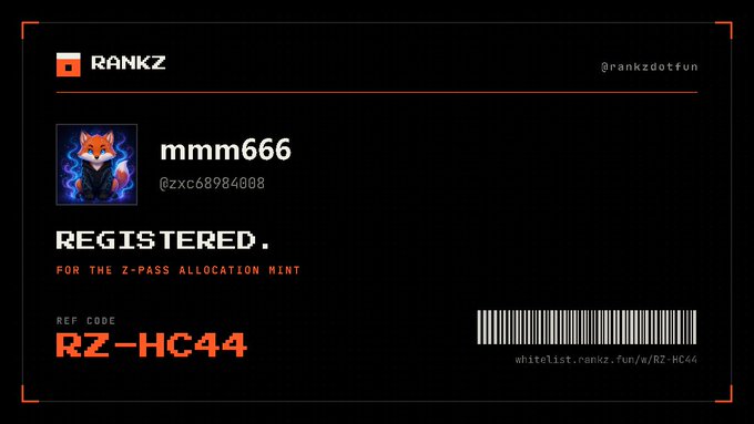 A RANKZ registration card showing 'mmm666' with handle @zc68984008 marked as 'REGISTERED. FOR THE Z-PASS ALLOCATION MINT' with ref code 'RZ-HC44' and a barcode linking to whitelist.ronix.fun/w/RZ-HC44.