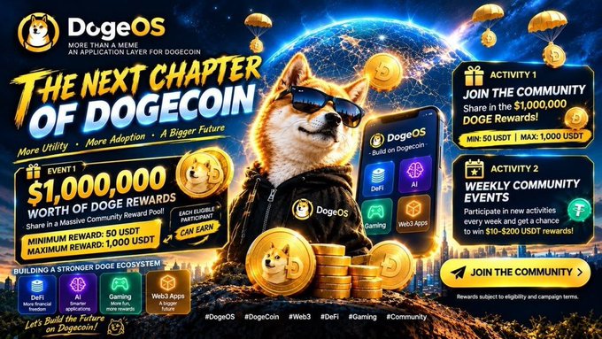 A promotional graphic for 'DogeOS' features a Shiba Inu dog in a leather jacket and sunglasses, advertising '$1,000,000 WORTH OF DOGE rewards' and community activities to build an application layer for Dogecoin.