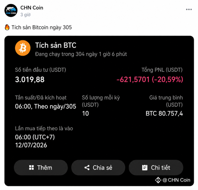 A Telegram bot message from CHN Coin titled 'Tích sản Bitcoin ngày 305' (Bitcoin Accumulation Day 305) shows a USDT investment of 3,019.88 with a total PnL of -621.57 USDT (-20.59%) and an average BTC price of 80,757.4.