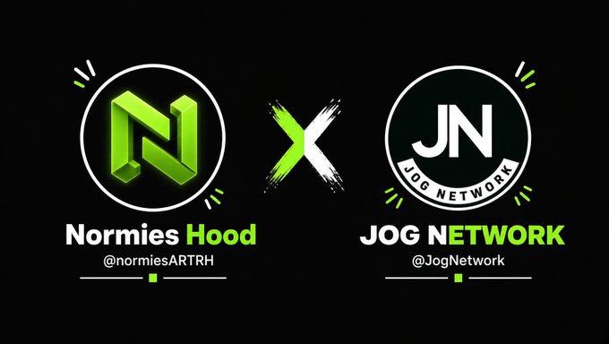 Promotional graphic announcing a collaboration between Normies Hood (@normiesARTRH) and JOG NETWORK (@JogNetwork), featuring their green logos with an 'X' between them.