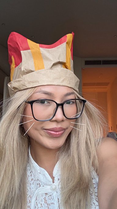 A woman wearing glasses and a cat filter with whiskers poses for a selfie while wearing a paper bag on her head with red and yellow stripes.