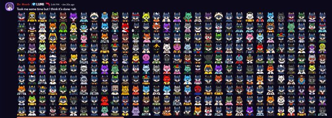 The image features a large, colorful array of cartoon cat faces arranged in rows against a dark background. The caption below the image reads "This is what the community does for each other. @Zeno_ob loved our game so much that he created the top 300 most active players into an emoji! Try @wolfswapdotapp new game at wolfswap.app/wolfage".