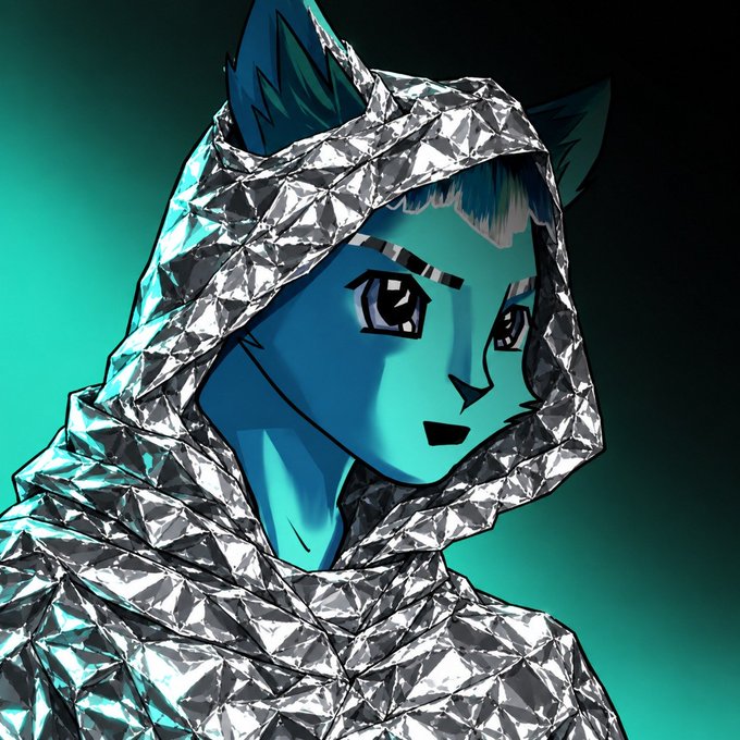 A digital artwork of an anthropomorphic blue feline character with large eyes, wrapped in a hooded cloak with a shiny silver quilted texture against a teal gradient background.