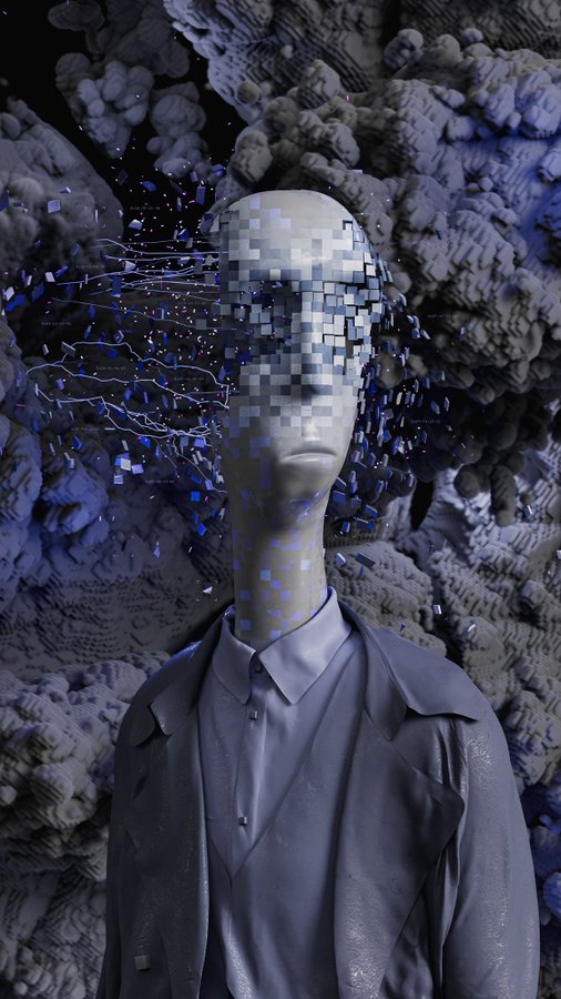 A 3D rendered mannequin wearing a gray coat is shown with its head and upper body digitally fragmenting into pixelated cubes that scatter outward against a textured background.