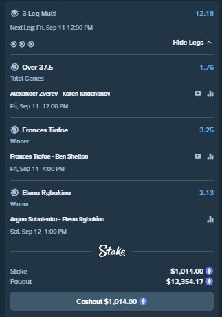 A Stake betting slip showing a 3-leg multi on tennis matches—Over 37.5 total games (Zverev vs. Khachanov), Frances Tiafoe to win, and Elena Rybakina to win—currently valued at $1,014.00 on a $12,354.17 payout. The image illustrates the user's confident parlay bet referenced in their post, where they promise a $1,000 giveaway if the slip hits.