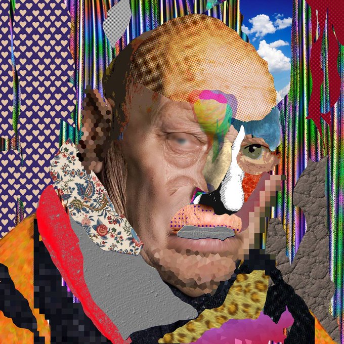 The image features a collage of various elements, including a man's face with a mustache and goatee, as well as other images such as hearts, stripes, and a rainbow. The collage appears to be a digital art piece or an abstract composition that combines different elements into one cohesive whole. The post reads "SHARE AGAIN TEZ ART ." which suggests the image might have been created by someone who appreciates and shares digital art or is interested in exploring the concept of blending various elements together to create something new and unique.