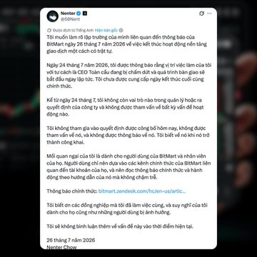 A blurred X (Twitter) post by user "Nenter" (nenter.eth) dated July 26, 2026, regarding BitMart exchange. The visible Vietnamese text discusses a BitMart system error on July 26, with the CEO being terminated on July 24, 2026, just before the exchange announced it was ceasing operations due to insolvency, supporting the claim that BitMart is "dead."