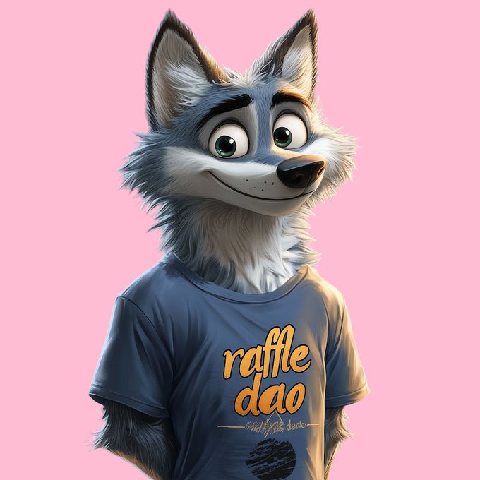 A 3D rendered illustration of a friendly wolf-like character wearing a blue t-shirt that says 'raffle dao' on a pink background.