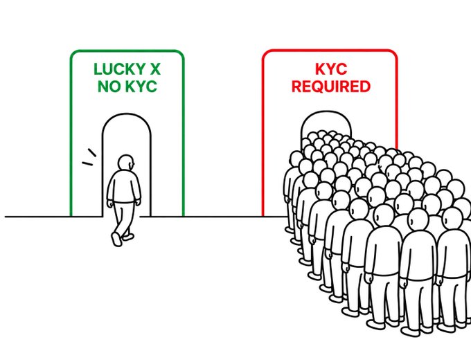A cartoon illustration comparing two doors: a green one labeled 'LUCKY X NO KYC' that one person walks through unimpeded, and a red one labeled 'KYC REQUIRED' with a massive crowd lined up.