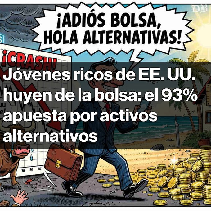A Spanish-language financial meme showing a suited businessman fleeing a stock market crash toward a beach of gold coins, with text reading '¡ADIÓS BOLSA, HOLA ALTERNATIVAS!' and '¡CRASH!', overlaid with the headline 'Jóvenes ricos de EE. UU. huyen de la bolsa: el 93% apuesta por activos alternativos'.