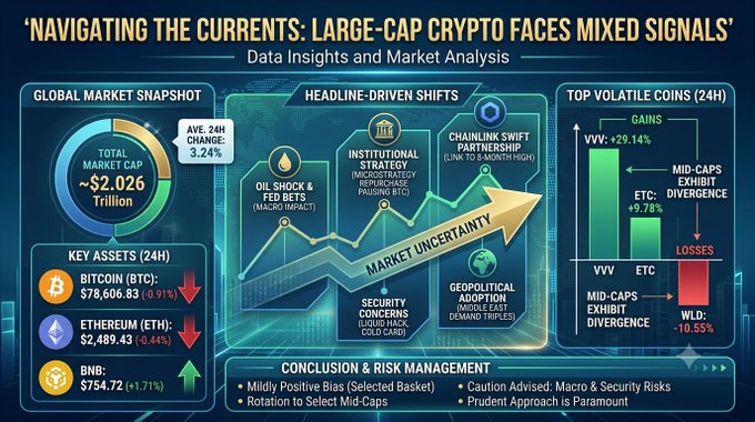 A financial dashboard infographic titled 'NAVIGATING THE CURRENTS: LARGE-CAP CRYPTO FACES MIXED SIGNALS', showing a global market snapshot, key assets like Bitcoin (BTC) and Ethereum (ETH), and top volatile coins like VVV and ETC.