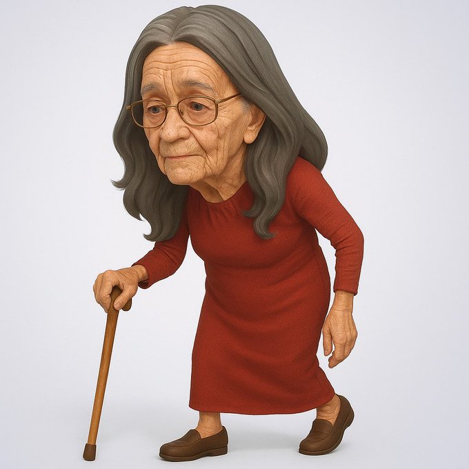 A stylized 3D-rendered caricature of an elderly woman with gray hair, glasses, and a red dress, leaning on a wooden cane. The image visually reinforces the post's message by depicting the humility and quiet perseverance of an older generation, contrasting with the "entitlement" mindset the text critiques.
