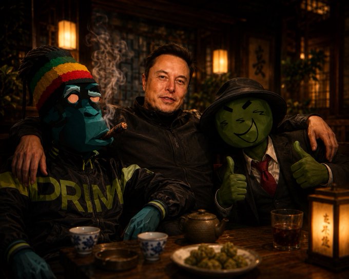 Elon Musk sits at a dimly lit tea house between two masked figures—one in a blue mask smoking a cigar and another in a green smiling mask giving a thumbs-up—with Chinese characters visible on the wall.