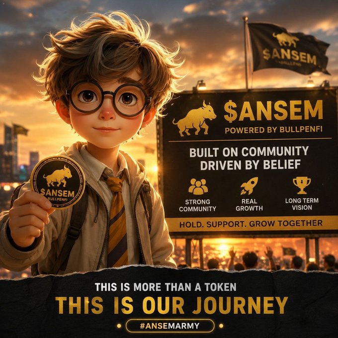 A promotional graphic features a young animated boy with glasses holding a '$ANSEM BULLPENFI' token coin, standing next to a billboard displaying '$ANSEM POWERED BY BULLPENFI' with a bull logo, the text 'BUILT ON COMMUNITY DRIVEN BY BELIEF', 'HOLD. SUPPORT. GROW TOGETHER', and a banner reading 'THIS IS MORE THAN A TOKEN THIS IS OUR JOURNEY #ANSEMARMY'.