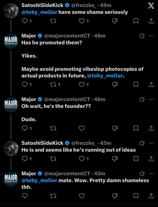 A screenshot of an X (Twitter) thread between users @frezzko_ and @majorcontentCT criticizing @toby_meller, discussing his promotion of vibe-related photocopied products.