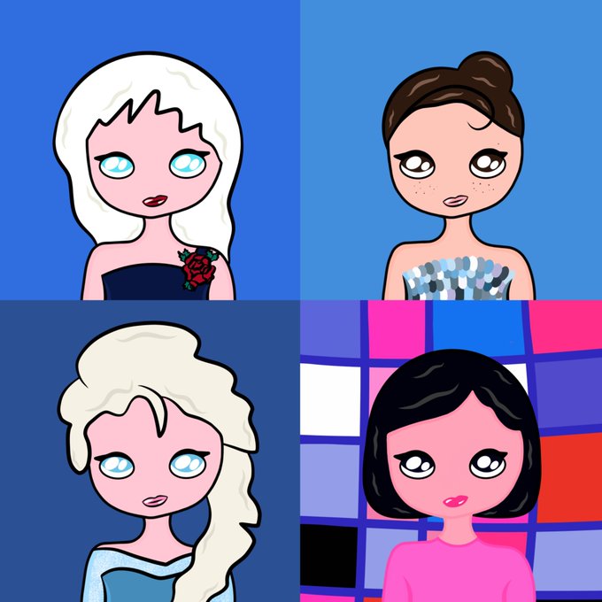 A 2x2 grid of cartoon-style illustrations shows four female characters with large eyes and varied hair colors, including one resembling Daenerys Targaryen and another resembling Mickey Mouse.