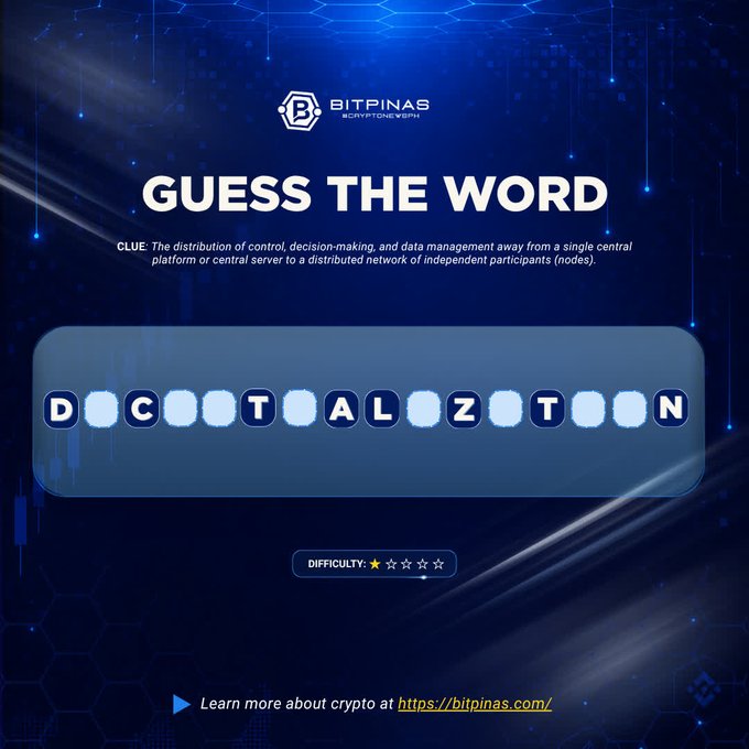 A 'Guess The Word' puzzle from BITPINAS with the clue about distributing control away from a central platform to independent nodes, showing partially revealed letters spelling out the answer.