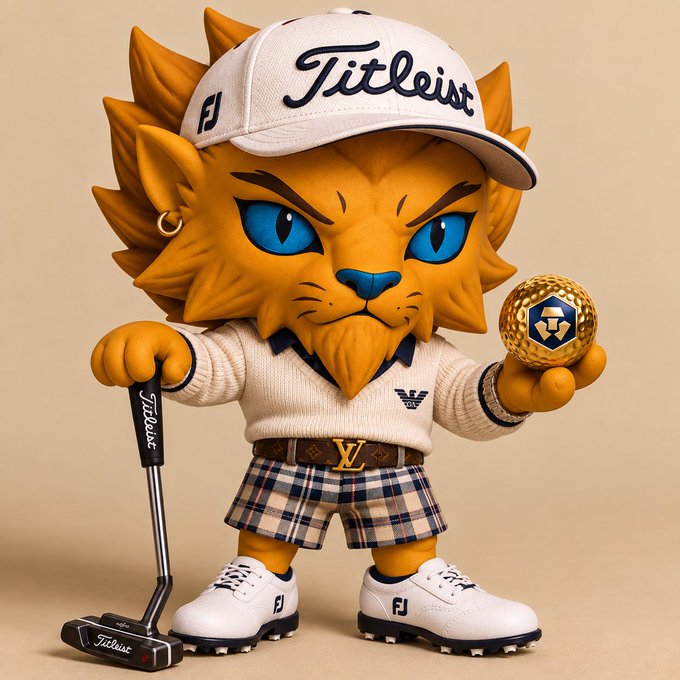 A 3D rendered character of a stylized orange lion wearing a Titleist cap, plaid shorts with an LV belt, holding a gold golf ball and a Titleist putter.