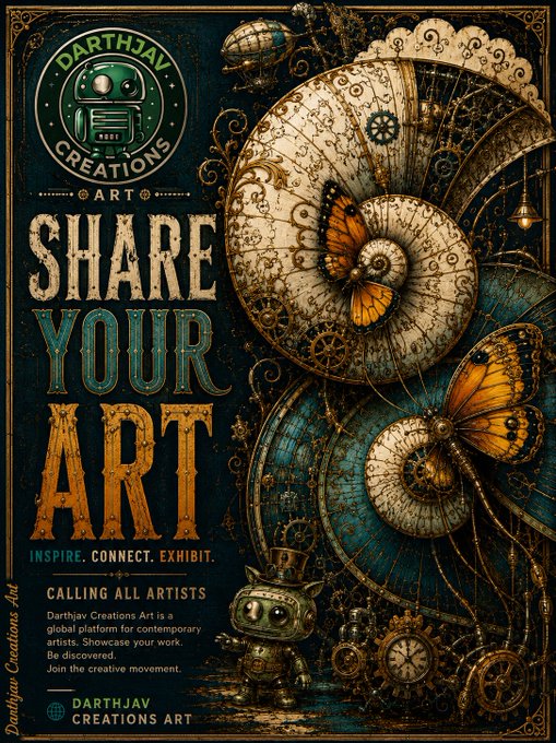 A promotional poster for 'Darthjav Creations Art' featuring an ornate, steampunk-style design with a nautilus shell and monarch butterflies, and the text 'SHARE YOUR ART', 'INSPIRE. CONNECT. EXHIBIT.', and 'CALLING ALL ARTISTS'.
