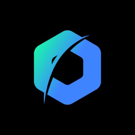 A stylized logo featuring a hexagonal shape in teal and blue gradient colors with a curved 'P' or arrow design on a black background.