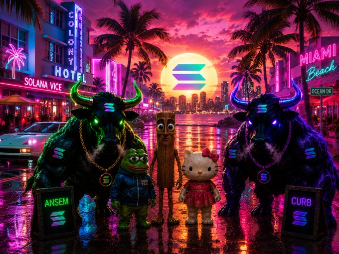 A neon-lit Miami Beach sunset scene features two glowing bull statues flanking an eclectic group of characters—a Pepe frog, a wooden stick figure, and a Hello Kitty plush—with Solana logos prominently displayed alongside signs reading "ANSEM" and "CURB," visually celebrating the bullish Solana ecosystem tokens $SOL, $ANSEM, $CURB, and $TripleT mentioned in the post.
