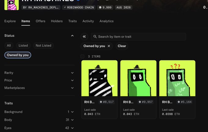 A Robinhood Chain NFT marketplace page showing three items from the RH_MACHINES_DEPL collection, each priced at approximately 0.043 ETH with 'Owned by you' filter applied.