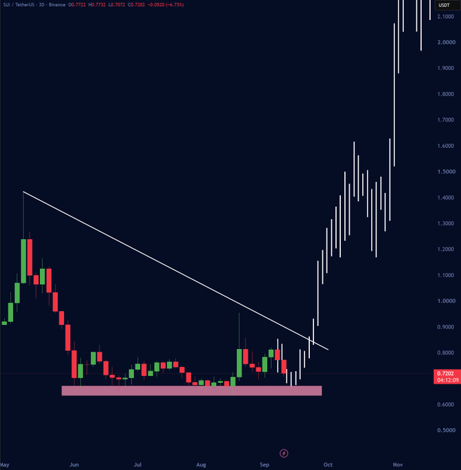 A candlestick chart of SUI/USDT on Binance (3D timeframe) showing a price of $0.7721, with a descending trendline from late May highs acting as resistance and a highlighted pink support zone around $0.65-$0.70, visually illustrating the post's prediction of a critical decision point where SUI must either break the trendline to reach $1.00 or fall to $0.50 by September's end.