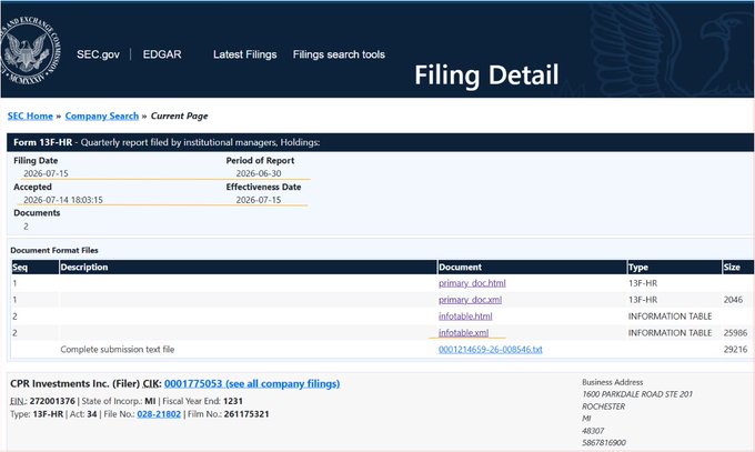 SEC EDGAR filing detail page for Form 13F-HR filed by CPR Investments Inc. (CIK 0001775053) on July 15, 2026, for the period ending June 30, 2026, containing 2 documents including the primary 13F-HR (2046 bytes) and information tables. The filing supports the disclosure of CPR Investments' 36,619-share position ($363,627 value) in the ProShares Ultra XRP ETF.