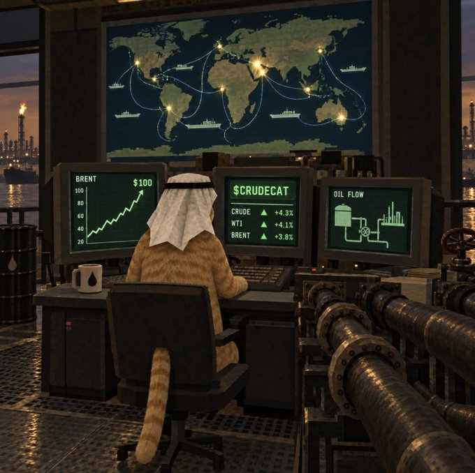 A cat in a keffiyeh sits at a multi-monitor trading desk with screens labeled "BRENT", "$CRUDECAT" (showing CRUDE, WTI, and BRENT at +4.3%, +4.1%, +3.8%), and "OIL FLOW", overseeing global oil pipelines and routes on a world map.