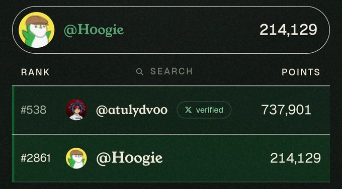 A dark-themed leaderboard interface showing the user '@Hoogie' at rank #2861 with 214,129 points, below the verified user '@atulydvoo' at rank #538 with 737,901 points.