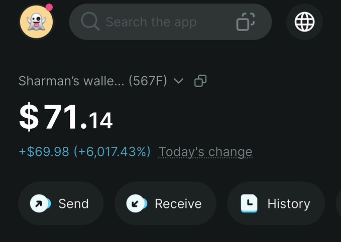 A crypto wallet app screenshot showing 'Sharman's walle...' (567F) with a balance of $71.14, up +$69.98 (+6,017.43%) for the day.