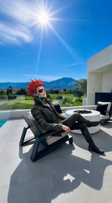 A cosplayer with spiky red hair and an eyepatch, dressed in a black leather jacket and pants, lounges on a modern outdoor lounge chair on a patio with a fire pit, under a bright sun with mountains in the distance.