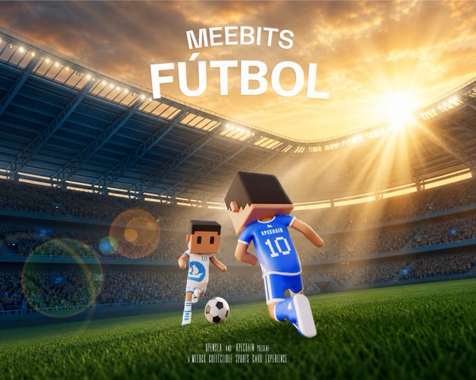 The image features two cartoon soccer players, one wearing blue and the other wearing white, engaged in an intense match on a field with a stadium backdrop. The text "Meebits Fútbol x OpenSea x Apechain It' s going to be a movie." is present, suggesting that this scene could be part of a promotional video for a soccer game or tournament featuring the characters from the cartoon series Meebits.

The image also includes several other people in various positions around the field and stadium, possibly indicating an ongoing match or practice session.