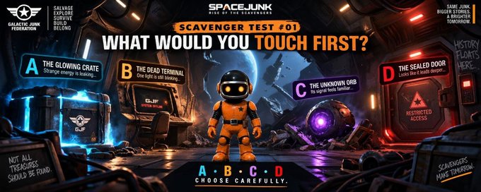 A 'SPACEJUNK SCAVENGER TEST #01' graphic asks 'WHAT WOULD YOU TOUCH FIRST?' with four labeled options (A, B, C, D) around an astronaut character in a space-themed setting.