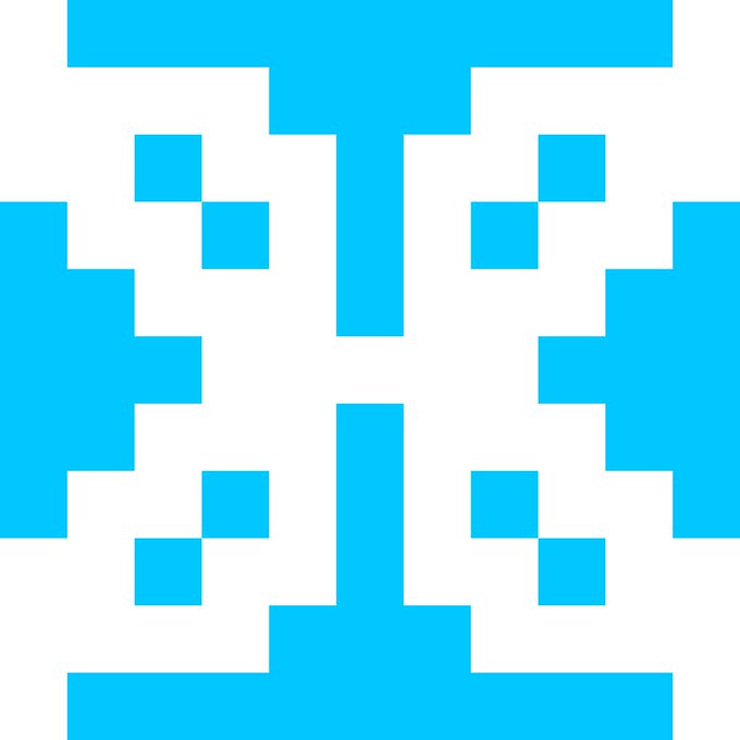 A blue and white pixelated logo featuring a symmetrical, stylized design with small squares arranged around a central T-like shape.