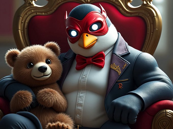 A 3D-rendered anthropomorphic penguin wearing a red superhero mask and blue suit sits on a red throne beside a brown teddy bear.
