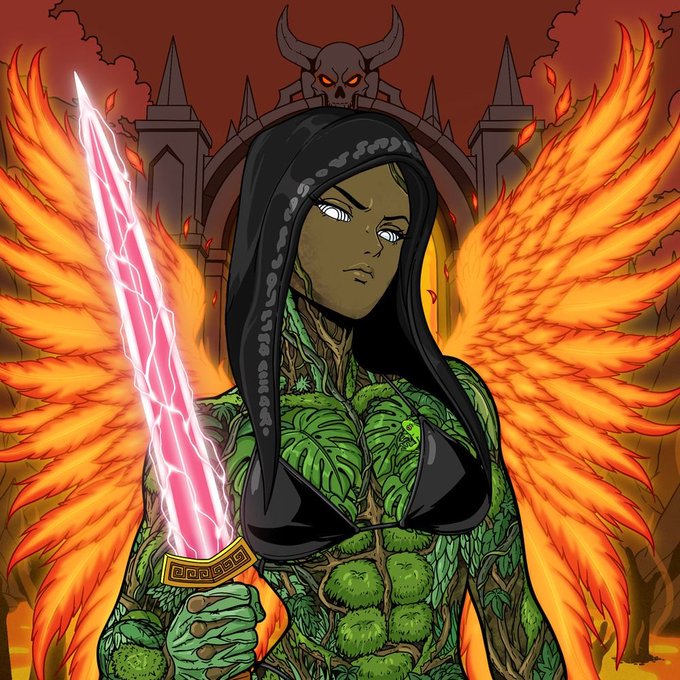 A fantasy illustration features a hooded woman with a vine-covered body, white eyes, flaming wings, and a glowing pink sword standing before a dark castle with a horned demon emblem.