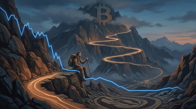 A weary hiker rests on a rocky ledge overlooking a precarious mountain path leading up to a Bitcoin peak, with a descending blue chart line representing BTC's capitulation phase and a winding road symbolizing the local rebound. A "LONG HALT" sign near the climber reinforces the ongoing struggle, while distant city lights below hint at eventual recovery prospects.