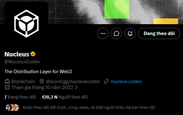 A Twitter/X profile page for 'Nucleus' (@NucleusCodes) describes itself as 'The Distribution Layer for Web3' with 128,300 followers.