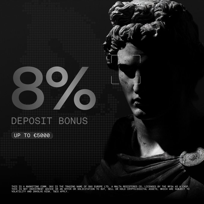 A dark, dramatic promotional image featuring a classical Greek-style statue bust against a black halftone background, advertising an "8% DEPOSIT BONUS UP TO €5000" from OKX. The image visually reinforces the post's message about European crypto investors claiming their share of the €50M pool by showcasing the bonus offer with classical imagery symbolizing permanence and value.