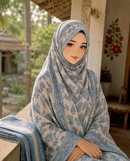 An illustrated portrait of a woman wearing a blue and white patterned hijab, seated in what looks like a traditional courtyard setting with floral decorations and greenery in the background.