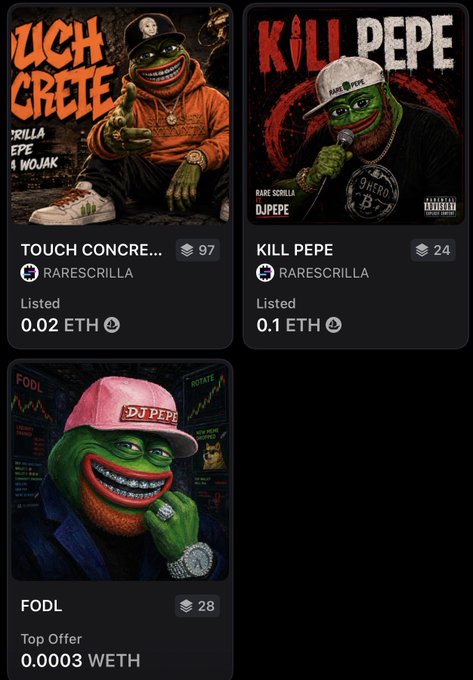 Three NFT listings displayed on a marketplace, featuring variations of a green Pepe frog character with titles 'TOUCH CONCRE...', 'KILL PEPE', and 'FODL' by the creator 'rarescrilla'.